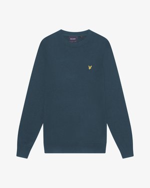 Marineblauer Sweatshirt mit Rundhalsausschnitt aus weichem Material, mit langen Ärmeln und einem kleinen gelben Adlerlogo auf der Brust.