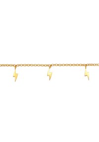 Guldkædearmbånd med skiftende lyncharms, glat overflade, leddesign og en skinnende metallisk finish.