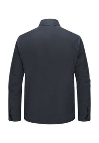 Marineblaue Jacke, glatte Textur, strukturierter Kragen, lange Ärmel, geknöpfte Manschetten. Gerader Schnitt mit minimalen Details auf der Rückseite.