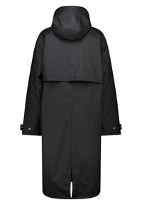 Manteau imperméable noir avec capuche. Présente un design à dos fendu, des manches longues et des accents de boutons-pressions sur les poignets. Texture lisse.