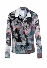 Long-sleeve shirt with a sheer, textured fabric. Features a collage of floral and abstract patterns in muted colors, with a white collar and buttons.