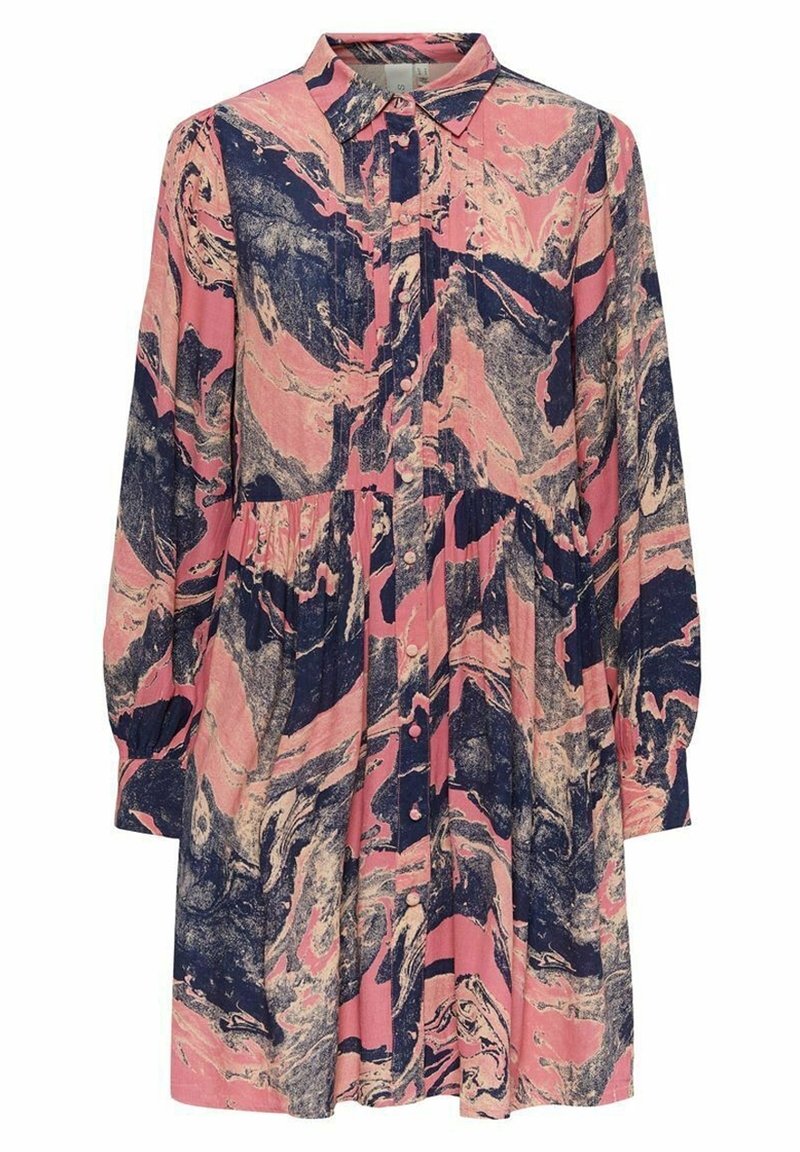 Robe-chemise à manches longues avec col et boutons, présentant un motif abstrait en marbre rose, bleu marine et beige.