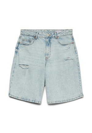 Hellblaue Denim-Shorts mit Vordertaschen, Gürtelschlaufen, Knopfverschluss und kleinen Used-Details an der Vorderseite.
