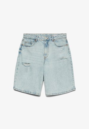 Hellblaue Denim-Shorts mit Vordertaschen, Gürtelschlaufen, Knopfverschluss und kleinen Used-Details an der Vorderseite.
