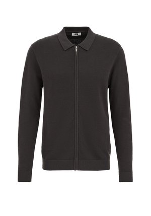 Čierny rozopínateľný kardigán z textúrovaného materiálu, s plochým golierom a rebrovanými manžetami a lemom, so hladkým zipsom vpredu.