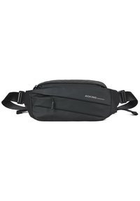 Marsupio nero realizzato in nylon resistente. Presenta un design elegante, accenti testurizzati e una tasca frontale con zip per riporre oggetti. Cinghia regolabile.
