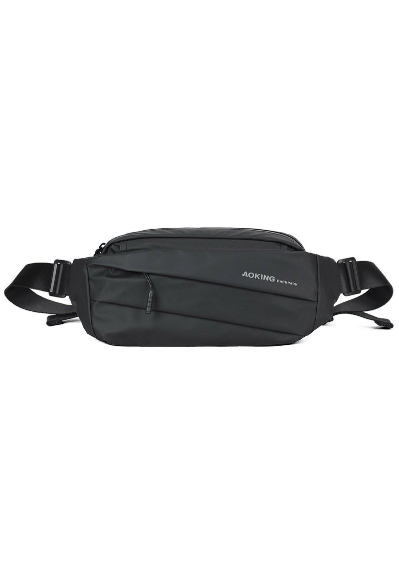 Marsupio nero realizzato in nylon resistente. Presenta un design elegante, accenti testurizzati e una tasca frontale con zip per riporre oggetti. Cinghia regolabile.