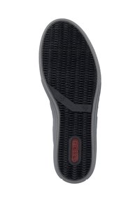 Sole di sneaker nera con gomma testurizzata per la presa, caratterizzata da un lato grigio, accento del logo rosso e numero di taglia 37 impressa.