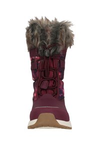Bordeaux winterboot met een nepleren kraag, elastische bungee veters en een getextureerde rubberen zool. Kenmerkt zich door een kleurrijke, galaxie-patroon stof.