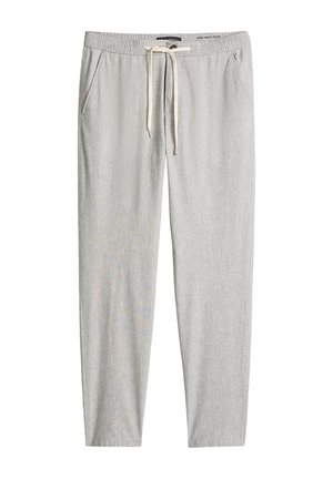 Hellgraue legere Hose mit Kordelzug, Vordertaschen, geraden Beinen und einer weichen Stoffstruktur, dargestellt auf weißem Hintergrund.