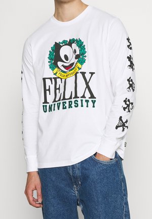 White long-sleeve shirt featuring a large Felix University graphic, green laurel leaf design, and black Felix character prints on sleeves.