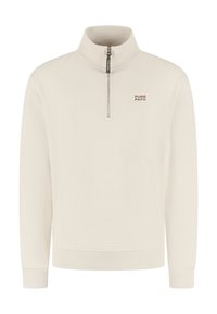 Witte fleece pullover met een hoge kraag, halve rits en geribbelde manchetten en onderkant. Voorzien van het "PURE PATH"-logo in bruin.