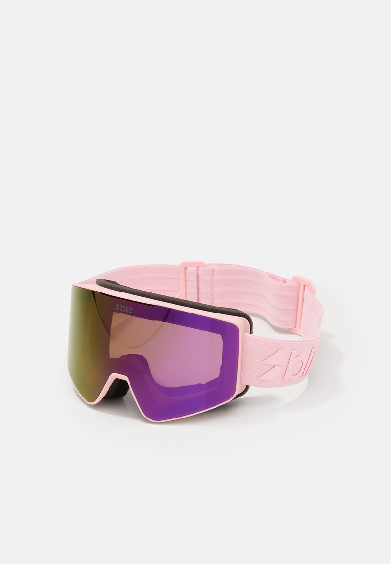 Bliz skibril met een roze frame, paarse gradientlens en een verstelbare elastische band. Voorzien van een schuimvoering voor comfort.