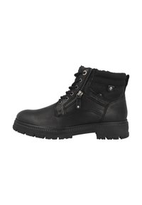 Botín negro de cuero hasta el tobillo con cuello texturizado, cremallera de metal y diseño de cordones. Presenta una suela gruesa para tracción y estabilidad.