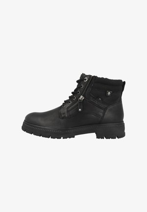 Botín negro de cuero hasta el tobillo con cuello texturizado, cremallera de metal y diseño de cordones. Presenta una suela gruesa para tracción y estabilidad.