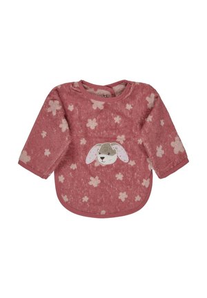 Pink, plush long-sleeve bib with a round neck, featuring a rabbit design and floral patterns. Soft texture and curved hem.