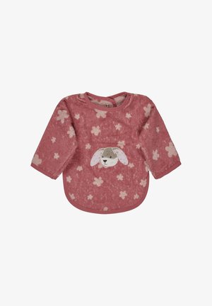 Pink, plush long-sleeve bib with a round neck, featuring a rabbit design and floral patterns. Soft texture and curved hem.