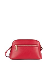 Borsa a tracolla in pelle rossa con finitura testurizzata, chiusura superiore con zip e tasca frontale con zip. Presenta dettagli in oro e tracolla.