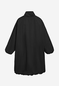 Black oversized coat with balloon sleeves and high collar, shown from the back against a white background.