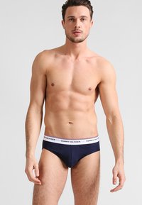 Marineblaue Baumwollslips mit einem Kontrastbund in Rot und Weiß und dem Logo "TOMMY HILFIGER". Klassisches, eng anliegendes Design.