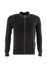 Suéter negro de canalé con cremallera y cuello alto, que cuenta con bolsillos laterales y acentos de tela contrastante cerca del dobladillo y en los hombros.