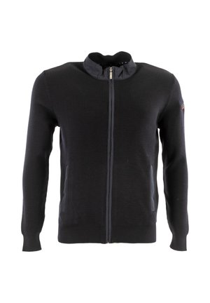 Maglione zip-up nero a costine con colletto alto, dotato di tasche laterali e dettagli in tessuto a contrasto vicino all'orlo e sulle spalle.