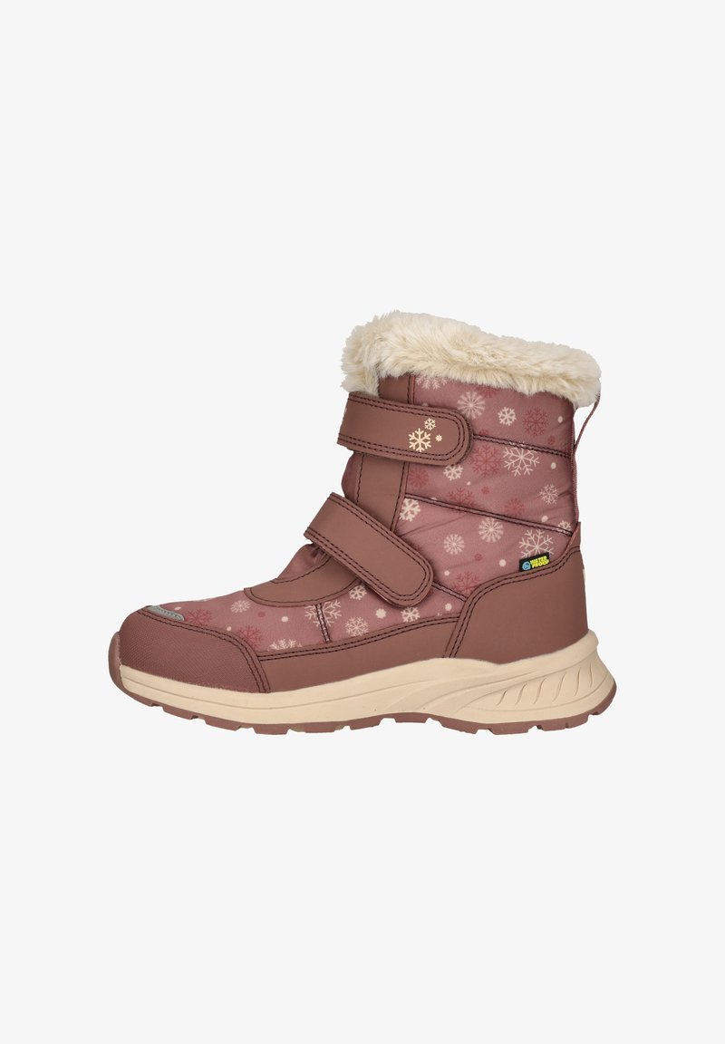 Braune Winterstiefel mit einem flauschigen weißen oberen Teil, verziert mit rosa Schneeflockenmuster, doppelten Klettverschlüssen und einer beigen Gummisohle.