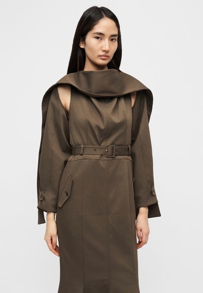 Καφέ φόρεμα με ζώνη, με γιακά που πέφτει και μακριά μανίκια, με λεία υφή και πλαϊνές τσέπες, σχεδιασμένο σε εφαρμοστή σιλουέτα.