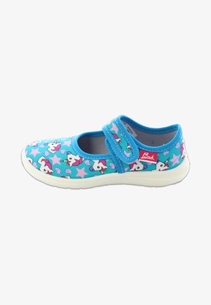 Blauer Stoffschuh mit Einhorn- und Sternenmotiven, Klettverschluss, weißer Gummisohle und gepolstertem Innenbereich für Komfort.