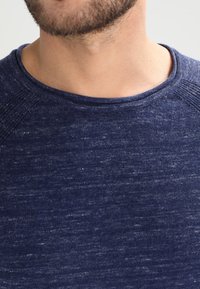 Homme barbu portant un pull ras du cou bleu marine devant un fond clair uni, montrant l'encolure et le haut de la poitrine.