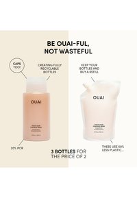 Två produktbehållare sida vid sida: en persikofärgad plastflaska märkt "Tjockt hår schampo" och en vit påfyllnadspåse, båda med minimalistisk design och tydlig text.