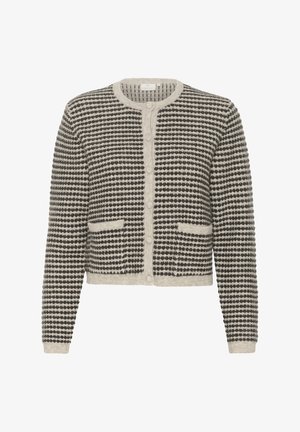 Adīta kardigāna ar melnbaltu dizainu, aprīkota ar apaļu kakla izgriezumu, priekšējo pogām un divām kabatām. Mīksta tekstūra ar nelielu elastību.