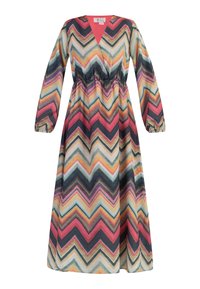 Maxime dress yang menampilkan pola chevron multicolored dalam nuansa pink, biru, dan krim. Kerah V, lengan panjang, dan pinggang elastis.