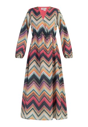 Maxi dress featuring a multicolored chevron pattern in shades of pink, blue, and cream. V-neckline, long sleeves, and elastic waist.
