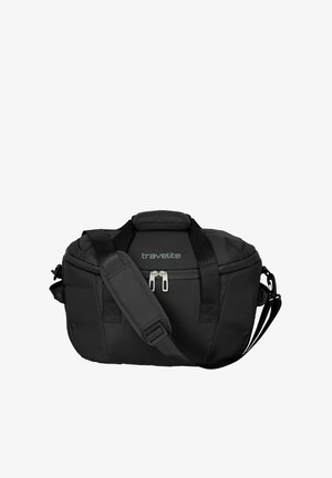 Schwarze Travelite Reisetasche mit zwei Reißverschlusstaschen, gepolstertem Schultergurt und zwei Tragegriffen.