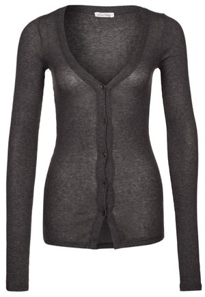 Donkergrijze cardigan met lange mouwen, knoopsluiting, diep V-hals, nauwsluitend silhouet en halverwege doorschijnend gebreide stof.