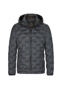 Padded gray jacket with hood, featuring a zip front, side pockets, and textured panels, made from lightweight, insulated material.