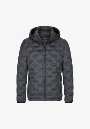 Gepolsterte graue Jacke mit Kapuze, ausgestattet mit einem Reißverschluss, seitlichen Taschen und strukturierten Einsätzen, hergestellt aus leichtem, isoliertem Material.