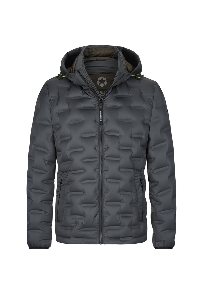 Padded gray jacket with hood, featuring a zip front, side pockets, and textured panels, made from lightweight, insulated material.