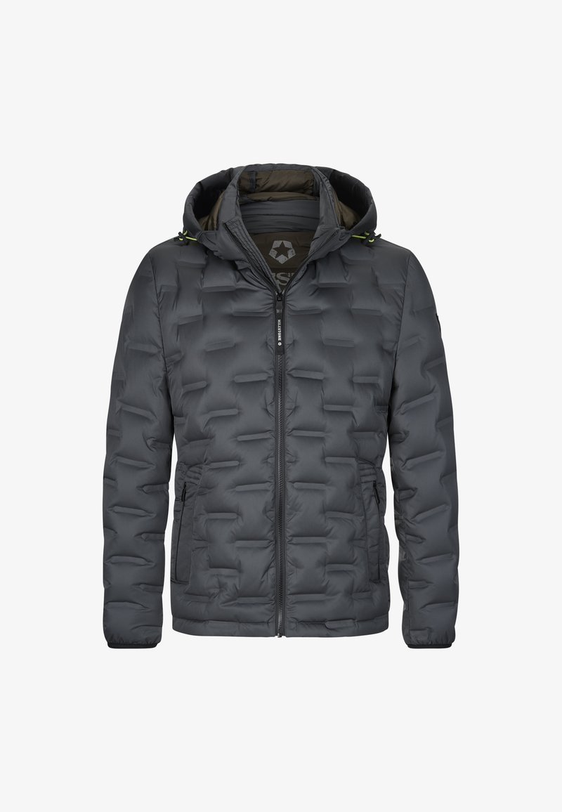 Gepolsterte graue Jacke mit Kapuze, ausgestattet mit einem Reißverschluss, seitlichen Taschen und strukturierten Einsätzen, hergestellt aus leichtem, isoliertem Material.