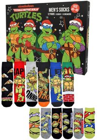 Men's sock set featuring 12 pairs with Teenage Mutant Ninja Turtles designs in various colors: black, red, gray, orange, and green.