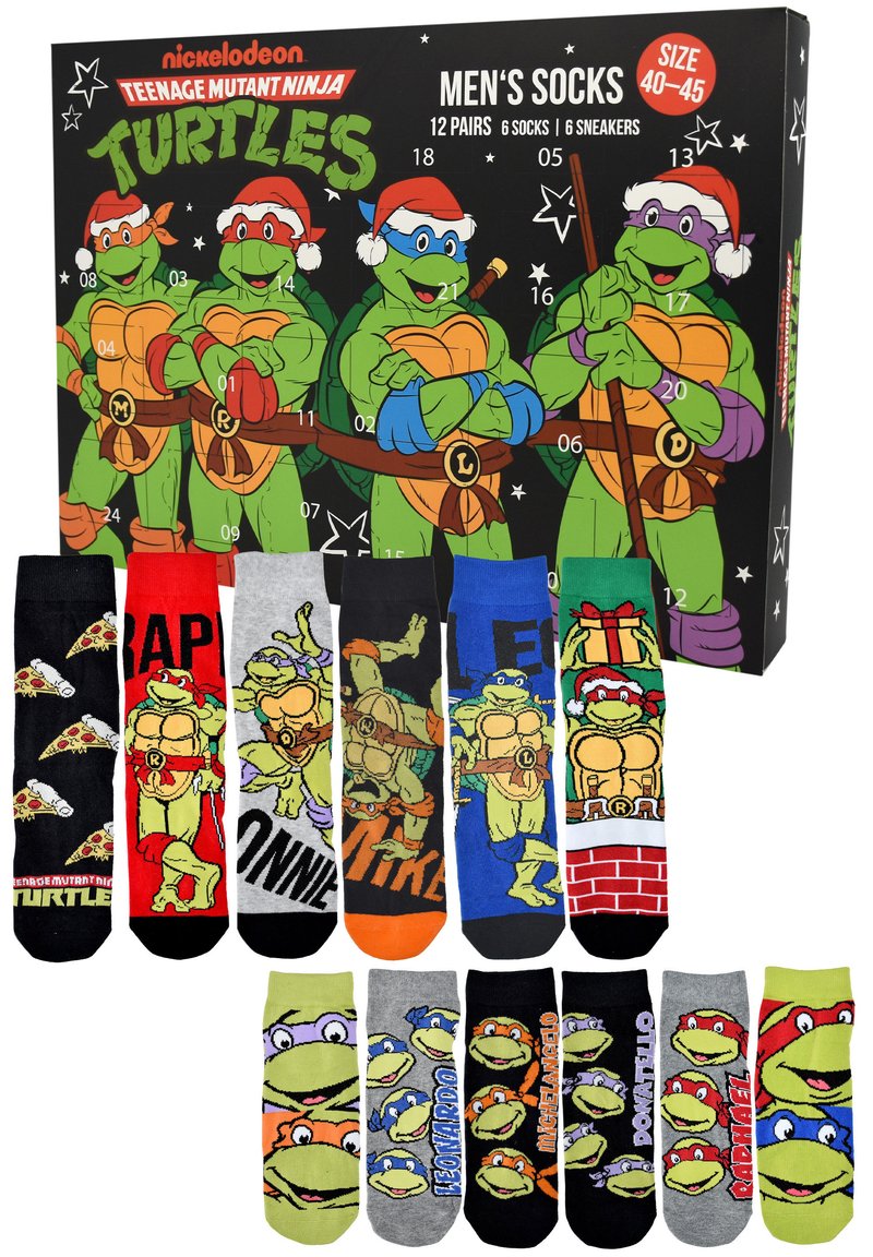 Men's sock set featuring 12 pairs with Teenage Mutant Ninja Turtles designs in various colors: black, red, gray, orange, and green.