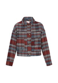 Kratka, večbarvna jakna z vzorcem tartan v rdečih, modrih in sivih odtenkih. Pet gumbov spredaj in ovratni izrez.