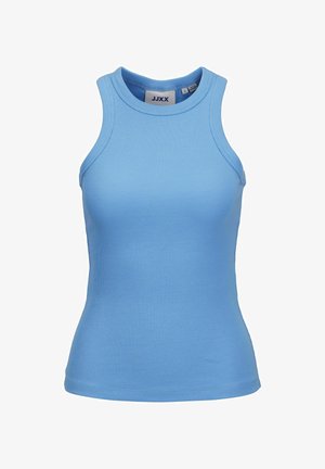 Top sin mangas de canalé azul claro con cuello alto. Está hecho de una tela elástica, presenta una silueta ajustada y costuras planas.