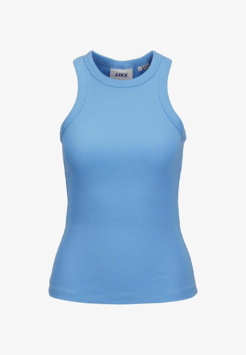 Lyseblå ribbet tanktop med høy hals og ermeløs design. Laget av elastisk stoff, med en tettsittende silhuett og flate sømmer.