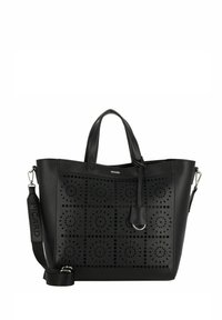Borsa a tote nera realizzata in pelle liscia, con motivi geometrici intagliati, doppi manici superiori, tracolla staccabile e accenti in metallo.