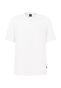 Weißes T-Shirt mit kurzen Ärmeln aus Baumwolle; verfügt über einen runden Halsausschnitt und ein kleines Logo an der oberen Vorderseite; glatte Textur, lässige Passform.