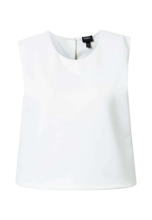 Weißes ärmelloses Crop-Top mit rundem Ausschnitt und Reißverschluss am Rücken, aus glattem Stoff gefertigt.