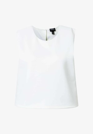 Weißes ärmelloses Crop-Top mit rundem Ausschnitt und Reißverschluss am Rücken, aus glattem Stoff gefertigt.