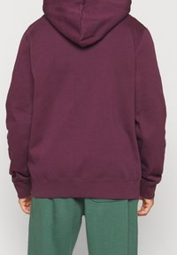 Kaštanově hnědá mikina s kapucí, měkkou texturou, žebrovanými manžetami a lemem, a pohodlným střihem. Kombinována se zelenými tepláky pro neformální vzhled.